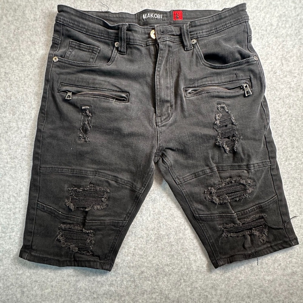 Makobi Mens 34 Black Distressed Denim Shorts Moto Biker Zip Pockets M760